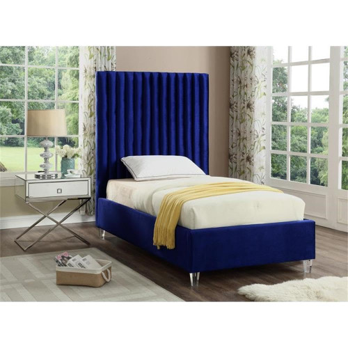 Candace Navy-T Candace Collection Modern | Contemporary Velvet Upholstered Twin Bed, Navy Velvet Fabric, Deep Channel Tufting, Acrylic Legs, 44" W x 81" D x 65" H, Navy, Twin