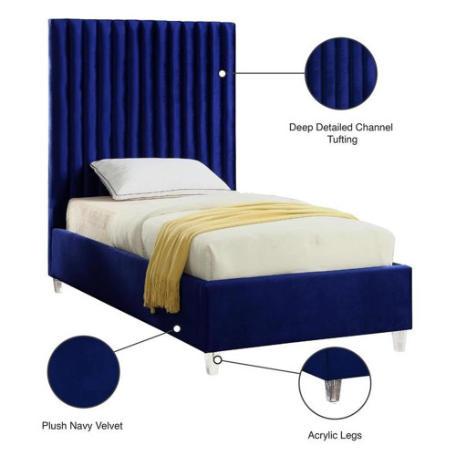 Candace Navy-T Candace Collection Modern | Contemporary Velvet Upholstered Twin Bed, Navy Velvet Fabric, Deep Channel Tufting, Acrylic Legs, 44" W x 81" D x 65" H, Navy, Twin