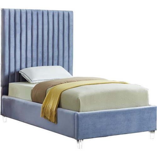 Candace SkyBlue-T Candace Collection Modern | Contemporary Velvet Upholstered Twin Bed, Sky Blue Velvet Fabric, Deep Channel Tufting, Acrylic Legs, 44" W x 81" D x 65" H, Blue, Twin