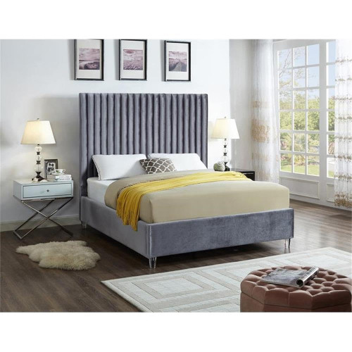 Candace Grey-F Candace Collection Modern | Contemporary Velvet Upholstered Full Bed, Grey Velvet Fabric, Deep Channel Tufting, Acrylic Legs, 59" W x 81" D x 65" H, Grey, Full