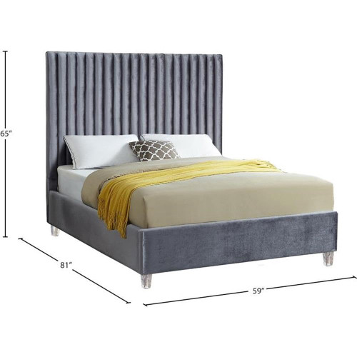 Candace Grey-F Candace Collection Modern | Contemporary Velvet Upholstered Full Bed, Grey Velvet Fabric, Deep Channel Tufting, Acrylic Legs, 59" W x 81" D x 65" H, Grey, Full