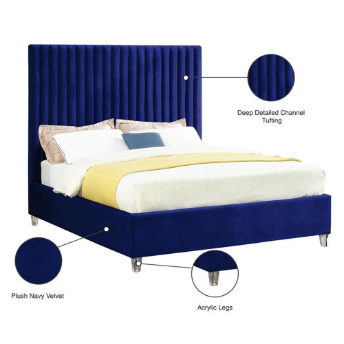 Candace Navy-F Candace Collection Modern | Contemporary Velvet Upholstered Full Bed, Grey Velvet Fabric, Deep Channel Tufting, Acrylic Legs, 59" W x 81" D x 65" H, Navy, Full