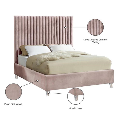 Candace Pink-F Candace Collection Modern | Contemporary Velvet Upholstered Full Bed, Pink Velvet Fabric, Deep Channel Tufting, Acrylic Legs, 59" W x 81" D x 65" H, Pink, Full