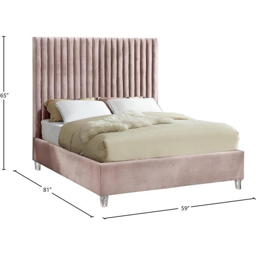 Candace Pink-F Candace Collection Modern | Contemporary Velvet Upholstered Full Bed, Pink Velvet Fabric, Deep Channel Tufting, Acrylic Legs, 59" W x 81" D x 65" H, Pink, Full