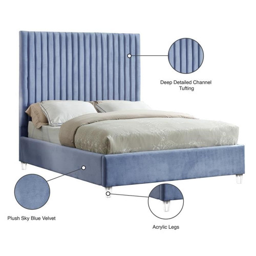 Candace SkyBlue-F Candace Collection Modern | Contemporary Velvet Upholstered Full Bed, Sky Blue Velvet Fabric, Deep Channel Tufting, Acrylic Legs, 59" W x 81" D x 65" H, Blue, Full