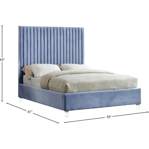 Candace SkyBlue-F Candace Collection Modern | Contemporary Velvet Upholstered Full Bed, Sky Blue Velvet Fabric, Deep Channel Tufting, Acrylic Legs, 59" W x 81" D x 65" H, Blue, Full