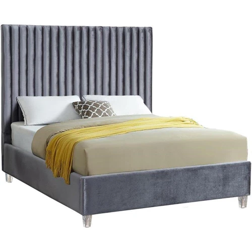 Candace Grey-Q Candace Collection Modern | Contemporary Velvet Upholstered Queen Bed, Grey Velvet Fabric, Deep Channel Tufting, Acrylic Legs, 65" W x 86" D x 65" H, Grey, Queen