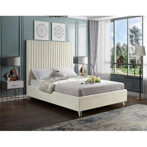 Candace Cream-Q Candace Collection Modern | Contemporary Velvet Upholstered Queen Bed, Cream Velvet Fabric, Deep Channel Tufting, Acrylic Legs, 65" W x 86" D x 65" H, Cream, Queen