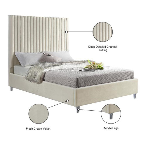 Candace Cream-Q Candace Collection Modern | Contemporary Velvet Upholstered Queen Bed, Cream Velvet Fabric, Deep Channel Tufting, Acrylic Legs, 65" W x 86" D x 65" H, Cream, Queen