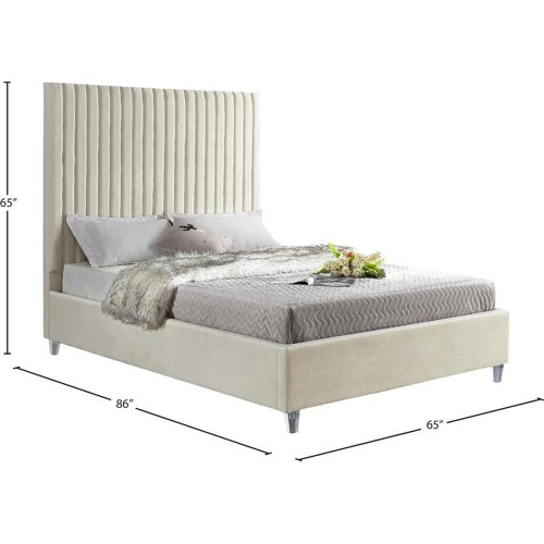 Candace Cream-Q Candace Collection Modern | Contemporary Velvet Upholstered Queen Bed, Cream Velvet Fabric, Deep Channel Tufting, Acrylic Legs, 65" W x 86" D x 65" H, Cream, Queen