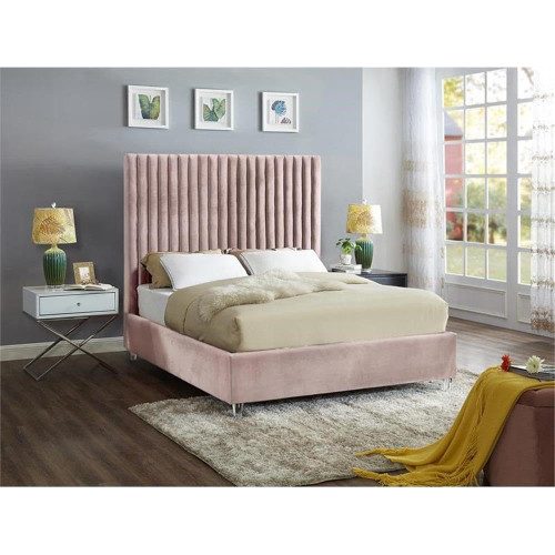 Candace Pink-K Candace Collection Modern | Contemporary Velvet Upholstered King Bed, Pink Velvet Fabric, Deep Channel Tufting, Acrylic Legs, 80" W x 86" D x 65" H, Pink, King