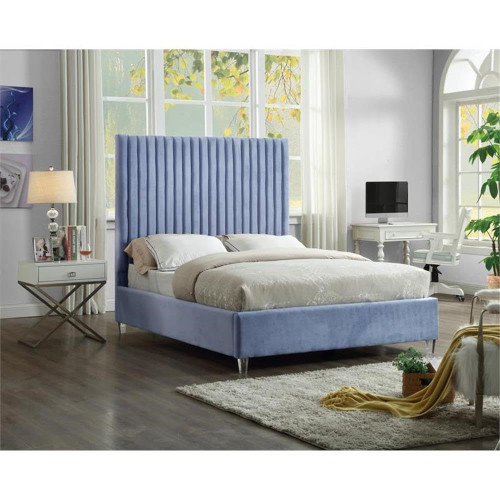 Candace SkyBlue-K Candace Collection Modern | Contemporary Velvet Upholstered King Bed, Sky Blue Velvet Fabric, Deep Channel Tufting, Acrylic Legs, 80" W x 86" D x 65" H, Blue, King