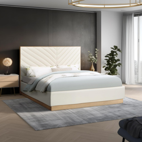Casa Cream-K Casa Collection Modern | Contemporary Vegan Leather King Bed, Cream Vegan Leather, Natural Finish, Wood Frame, Channel Tufting, 81.25" W x 83" D x 63" H, Cream, King