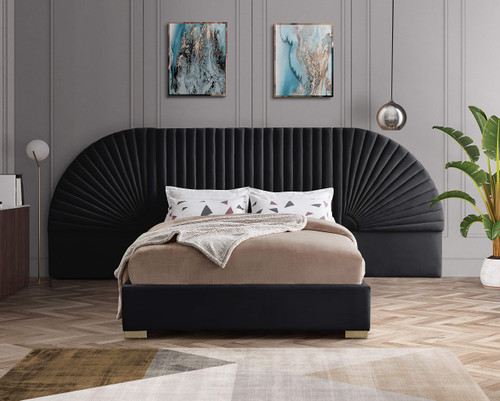 Cleo Collection Modern | Contemporary Velvet Upholstered Bed with Gold Steel Legs and Removable Panels, Queen, Black