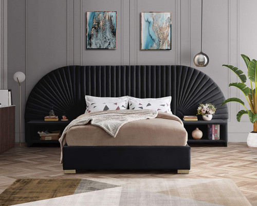 Cleo Collection Modern | Contemporary Velvet Upholstered Bed with Gold Steel Legs and Removable Panels, Queen, Black