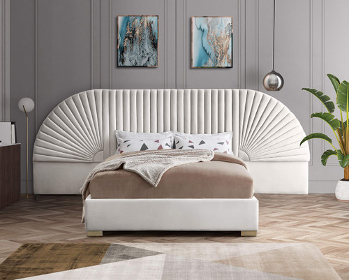 Cleo Collection Modern | Contemporary Velvet Upholstered Bed with Gold Steel Legs and Removable Panels, Queen, Cream