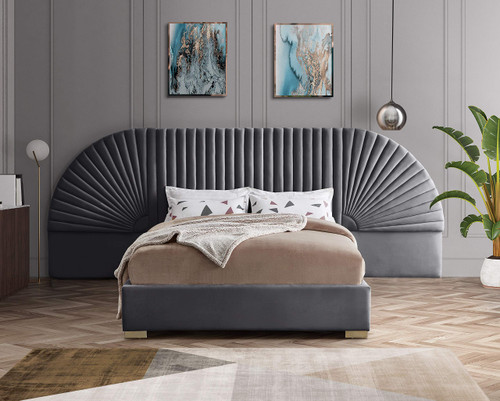 Cleo Collection Modern | Contemporary Velvet Upholstered Bed with Gold Steel Legs and Removable Panels, Queen, Grey