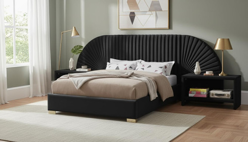 Cleo Collection Modern | Contemporary Velvet Upholstered Bed with Gold Steel Legs and Removable Panels, King, Black