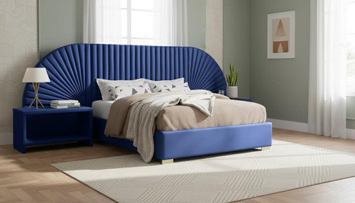 Cleo Collection Modern | Contemporary Velvet Upholstered Bed with Gold Steel Legs and Removable Panels, King, Navy