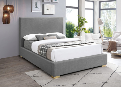 CrosbyGrey-F Crosby Collection Mid-Century Modern Linen Fabric Full Bed Rich Grey Linen Textured Fabric, Gold and Chrome Legs Included, 61.4" W x 84" D x 54.3" H, Grey, Full