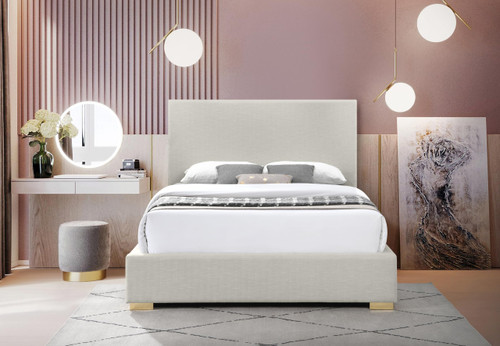 CrosbyBeige-K Crosby Collection Mid-Century Modern Linen Fabric King Bed Rich Beige Linen Textured Fabric, Gold and Chrome Legs Included, 83" W x 89.6" D x 54.3" H, Beige, King