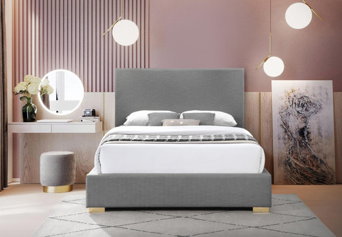 CrosbyGrey-K Crosby Collection Mid-Century Modern Linen Fabric King Bed Rich Grey Linen Textured Fabric, Gold and Chrome Legs Included, 83" W x 89.6" D x 54.3" H, Grey, King