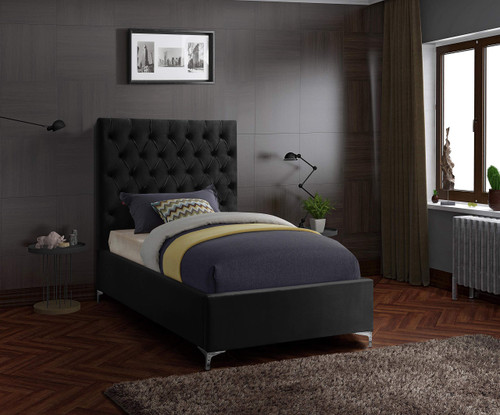 Cruz Collection Modern | Contemporary Velvet Upholstered Bed with Deep Button Tufting and Complete Sets of Gold and Chrome Legs Included, Twin, Black