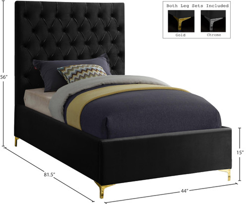 Cruz Collection Modern | Contemporary Velvet Upholstered Bed with Deep Button Tufting and Complete Sets of Gold and Chrome Legs Included, Twin, Black
