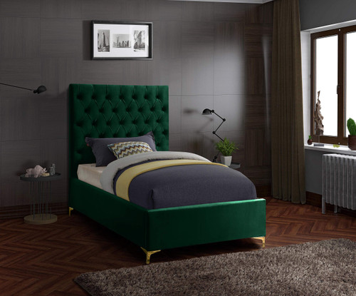 CruzGreen-T Cruz Collection Modern | Contemporary Velvet Upholstered Twin Bed with Green Velvet, Gold and Chrome Legs, Deep Button Tufting, 44" W x 81.5" D x 56" H, Green, Twin