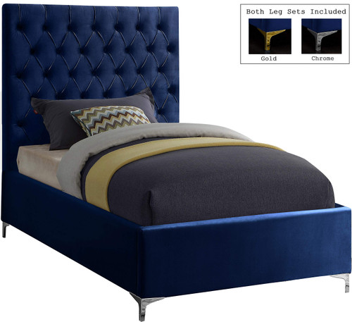 CruzNavy-T Cruz Collection Modern | Contemporary Velvet Upholstered Twin Bed with Navy Velvet, Gold and Chrome Legs, Deep Button Tufting, 44" W x 81.5" D x 56" H, Navy, Twin
