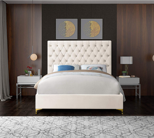 Cruz Collection Modern | Contemporary Velvet Upholstered Bed with Deep Button Tufting and Complete Sets of Gold and Chrome Legs Included, Full, Cream