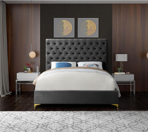 CruzGrey-F Cruz Collection Modern | Contemporary Velvet Upholstered Full Bed with Grey Velvet, Gold and Chrome Legs, Deep Button Tufting, 59.5" W x 81.5" D x 56" H, Grey, Full