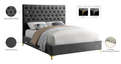 CruzGrey-F Cruz Collection Modern | Contemporary Velvet Upholstered Full Bed with Grey Velvet, Gold and Chrome Legs, Deep Button Tufting, 59.5" W x 81.5" D x 56" H, Grey, Full