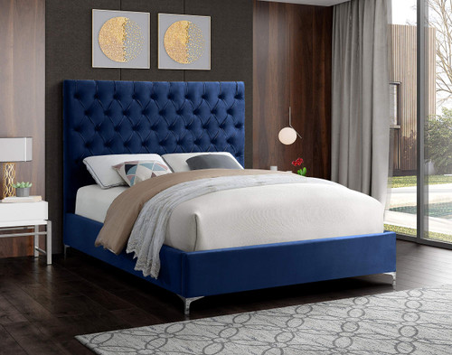 CruzNavy-F Cruz Collection Modern | Contemporary Velvet Upholstered Full Bed with Navy Velvet, Gold and Chrome Legs, Deep Button Tufting, 59.5" W x 81.5" D x 56" H, Navy, Full