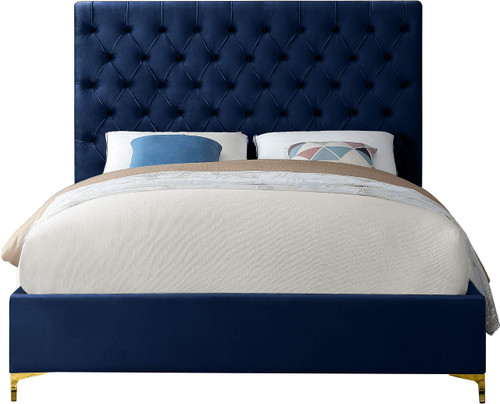 CruzNavy-F Cruz Collection Modern | Contemporary Velvet Upholstered Full Bed with Navy Velvet, Gold and Chrome Legs, Deep Button Tufting, 59.5" W x 81.5" D x 56" H, Navy, Full
