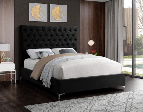 Cruz Collection Modern | Contemporary Velvet Upholstered Bed with Deep Button Tufting and Complete Sets of Gold and Chrome Legs Included, Queen, Black