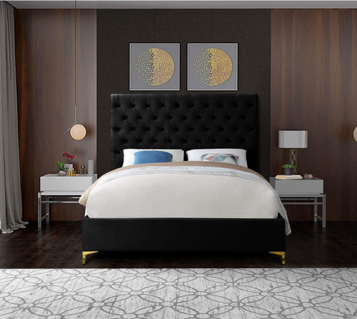 Cruz Collection Modern | Contemporary Velvet Upholstered Bed with Deep Button Tufting and Complete Sets of Gold and Chrome Legs Included, Queen, Black