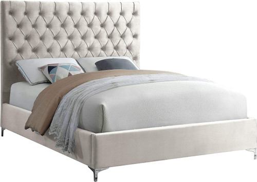 Cruz Collection Modern | Contemporary Velvet Upholstered Bed with Deep Button Tufting and Complete Sets of Gold and Chrome Legs Included, Queen, Cream