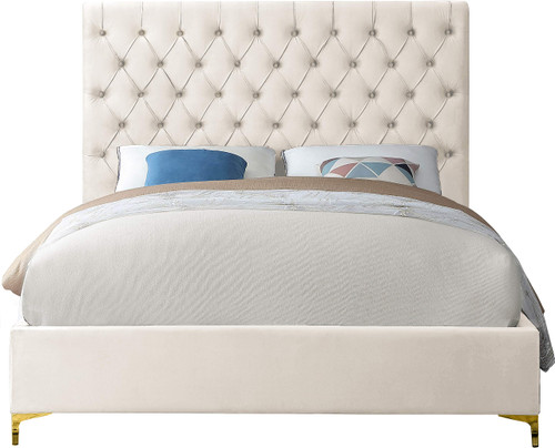 Cruz Collection Modern | Contemporary Velvet Upholstered Bed with Deep Button Tufting and Complete Sets of Gold and Chrome Legs Included, Queen, Cream