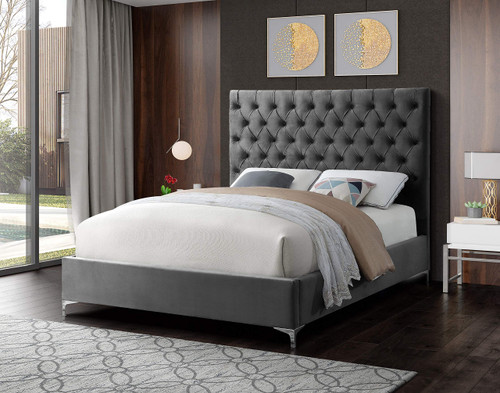 Cruz Collection Modern | Contemporary Velvet Upholstered Bed with Deep Button Tufting and Complete Sets of Gold and Chrome Legs Included, Queen, Grey