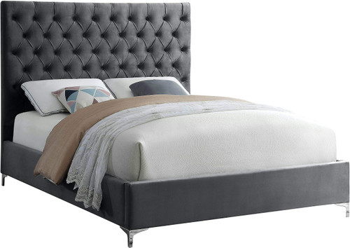 Cruz Collection Modern | Contemporary Velvet Upholstered Bed with Deep Button Tufting and Complete Sets of Gold and Chrome Legs Included, Queen, Grey