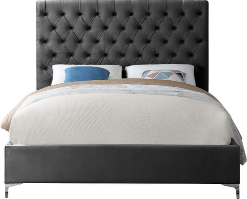 Cruz Collection Modern | Contemporary Velvet Upholstered Bed with Deep Button Tufting and Complete Sets of Gold and Chrome Legs Included, Queen, Grey
