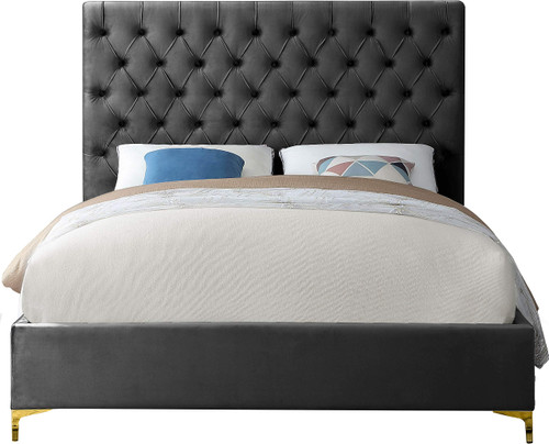 Cruz Collection Modern | Contemporary Velvet Upholstered Bed with Deep Button Tufting and Complete Sets of Gold and Chrome Legs Included, Queen, Grey