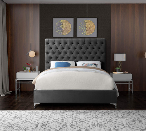 Cruz Collection Modern | Contemporary Velvet Upholstered Bed with Deep Button Tufting and Complete Sets of Gold and Chrome Legs Included, Queen, Grey