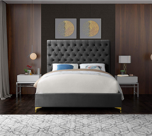 Cruz Collection Modern | Contemporary Velvet Upholstered Bed with Deep Button Tufting and Complete Sets of Gold and Chrome Legs Included, Queen, Grey
