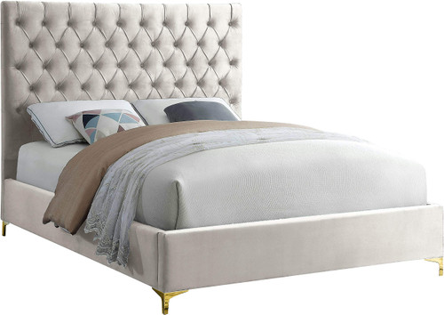 Cruz Collection Modern | Contemporary Velvet Upholstered Bed with Deep Button Tufting and Complete Sets of Gold and Chrome Legs Included, King, Cream