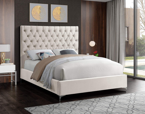 Cruz Collection Modern | Contemporary Velvet Upholstered Bed with Deep Button Tufting and Complete Sets of Gold and Chrome Legs Included, King, Cream