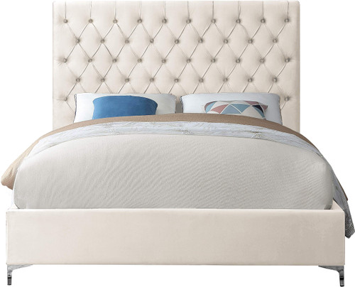 Cruz Collection Modern | Contemporary Velvet Upholstered Bed with Deep Button Tufting and Complete Sets of Gold and Chrome Legs Included, King, Cream