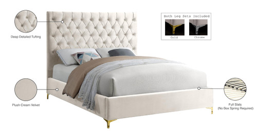 Cruz Collection Modern | Contemporary Velvet Upholstered Bed with Deep Button Tufting and Complete Sets of Gold and Chrome Legs Included, King, Cream