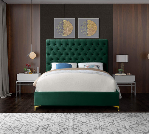 CruzGreen-K Cruz Collection Modern | Contemporary Velvet Upholstered King Bed with Green Velvet, Gold and Chrome Legs, Deep Button Tufting, 81" W x 86.5" D x 56" H, Green, King